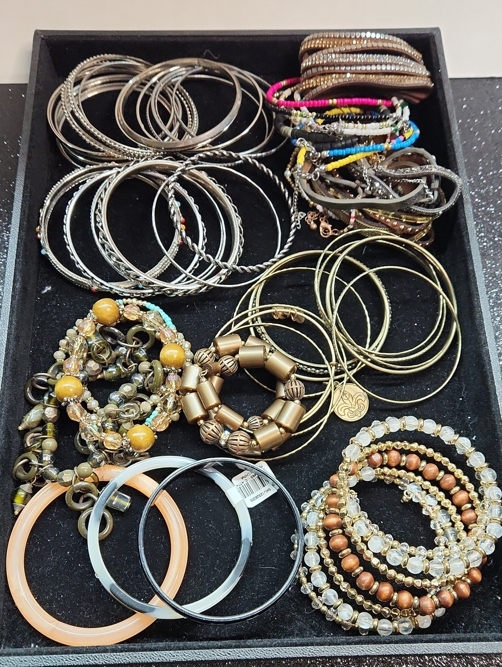 Stackable Mixed-Metal and Bead Bracelet Set — Brown, Pink Accent